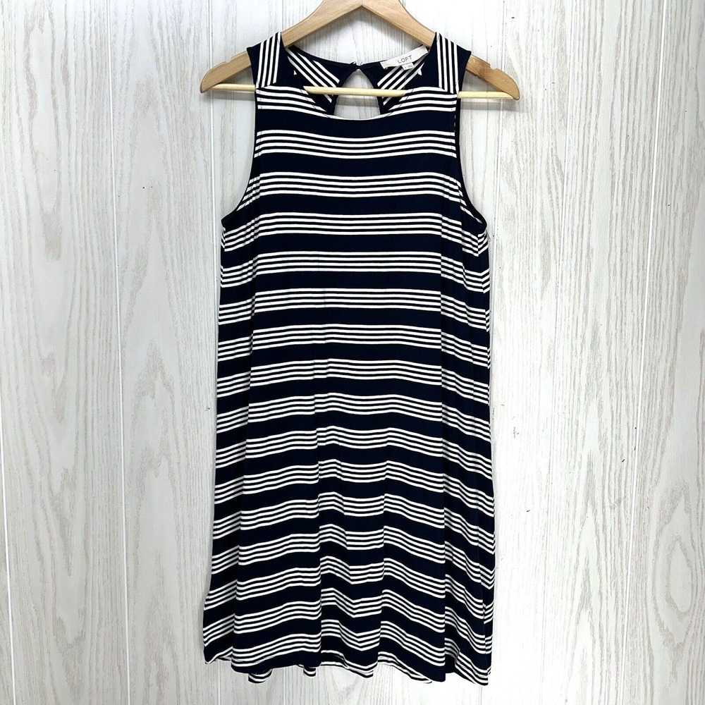 Loft Swing Tank Dress Small Dark Navy‎ Stripe Sleeveless Back Cutout Above Knee